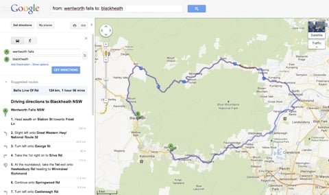 Google Maps route in the Blue Mountains