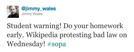 Jimmy Wales tweets warning to students regarding anti-SOPA Wikipedia blackout