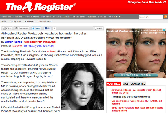 Screen grab of our Rachel Weisz story, showing Google ad for portrait retouching software