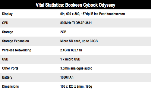 Bookeen Cybook Odyssey e-book reader specs