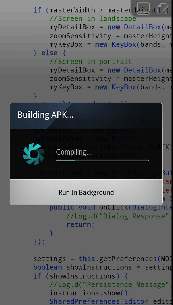 Screen shot showing Android app compiling