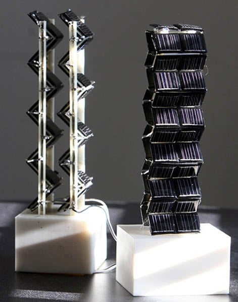 Two small-scale versions of three-dimensional photovoltaic arrays were among those tested by Jeffrey Grossman and his team on an MIT rooftop to measure their actual electrical output throughout the day.