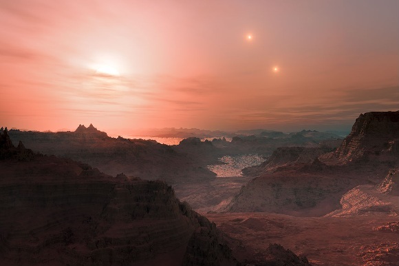 Artist’s impression of sunset on the newly discovered super-Earth world Gliese 667 c. Credit: ESO