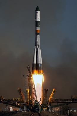 Russian Progress cargoship blasting off from Baikonur Cosmodrome