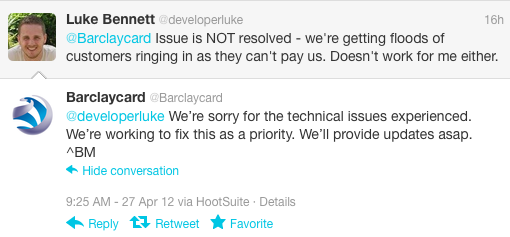 Barclaycard complaint on Twitter, screengrab