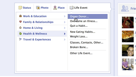 Facebook organ donor life event, screengrab Facebook