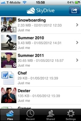 Skydrive iOS app screenshot