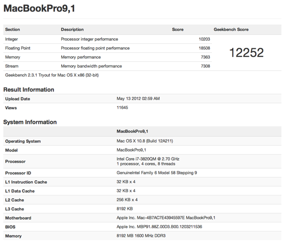 Geekbench MacBook Pro 9,1