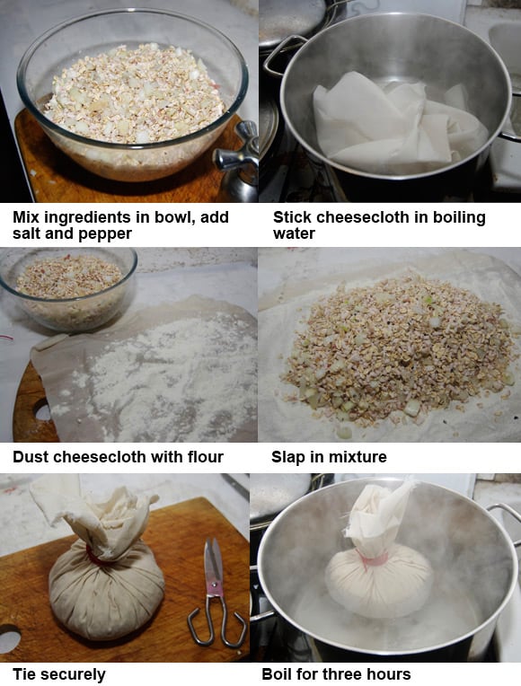 Illustrated stages of how to make mealy pudding