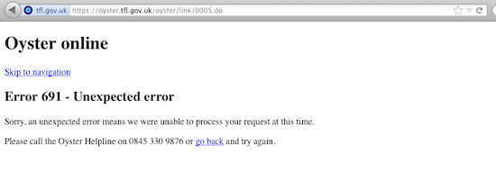 Oyster card site, screengrab