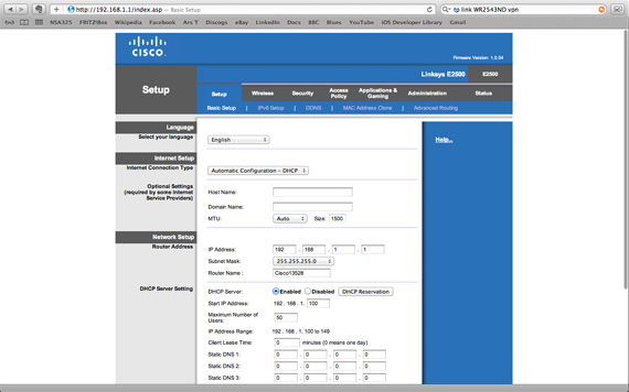 Cisco Linksys E2500 dual-band wireless router interface