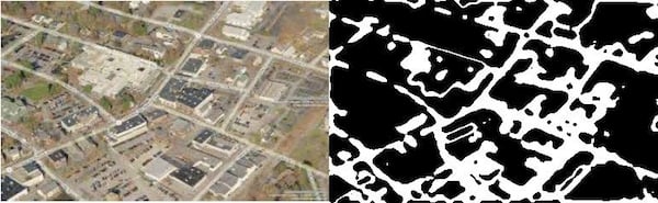 Two images side-by-side, one of a colour aerial photograph of roads and homes, and the other a black-and-white image roughly picking out just the roads and blobs of buildings