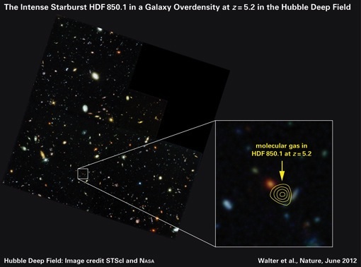 The Hubble Deep Field, with the position of the submillimeter galaxy HDF850.1 marked with contour lines. The lines represent the date of submillimeter observations of the galaxy; in visible light, it cannot be observed at all. credit: STScI / NASA, F. Walter (MPIA)