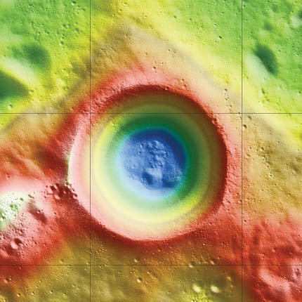 Shackleton crater: false colors indicate height, with blue lowest and red/white highest.