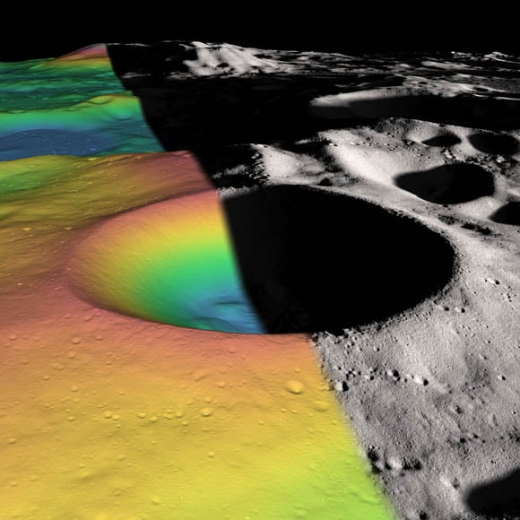 Elevation (left) and shaded relief (right) image of Shackleton, a 21-km-diameter (12.5-mile-diameter) permanently shadowed crater adjacent to the lunar south pole.