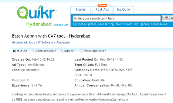 A job advert for a CA-7 post for RBS, screengrab Quikr