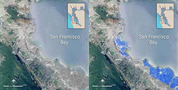 San Francisco Bay and San Francisco International Airport before and after projected seal-level rise