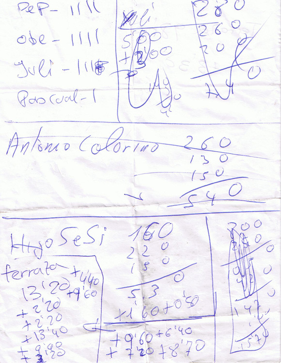 The bar bill in question - a scrap of paper covered in scribbled numbers