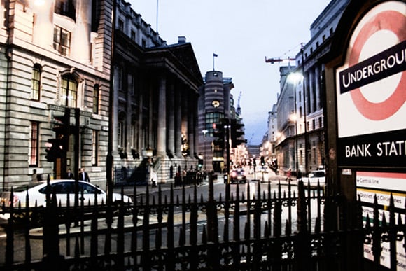 Night scene of bank station in central london