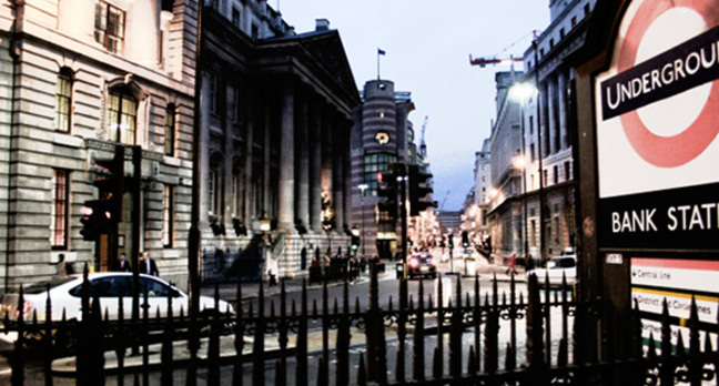 Night scene of bank station in central london