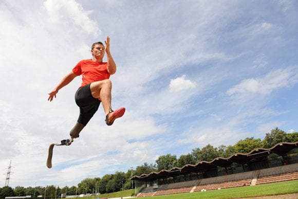 Heinrich Popow, paralympic athlete, truns on his speciallly designed prosthetic leg. Picture courtesy Ottobock healthcare