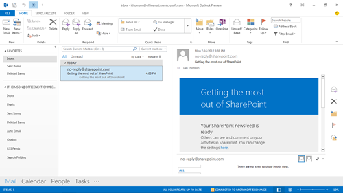 Screenshot of Outlook in touch mode from Office 2013 preview