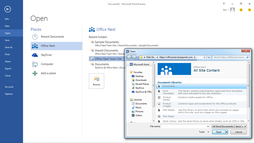 Cloud integration screenshot for Office 2013 preview