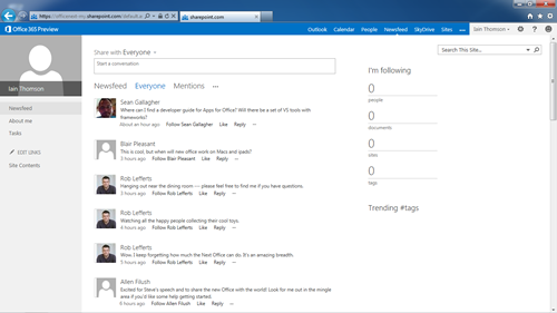 SharePoint social features screenshot from Office 2013 preview