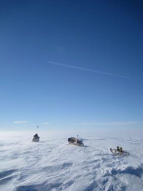 Ice penetrating radar is towed across Ferrigno Ice Stream