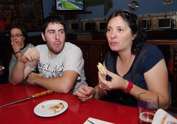 Lourdes and son Diego enjoy a bacon sarnie