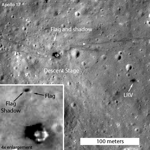 LRO imagery confirming presence of flag at the Apollo 17 landing site. Credit: NASA/GSFC/Arizona State University