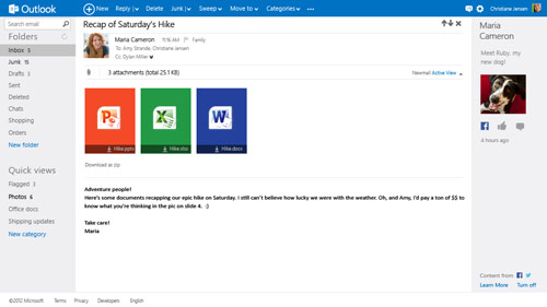 Screenshot of Outlook.com showing attachments and Facebook integration