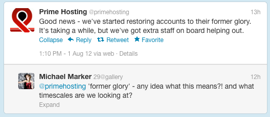 Outage at Prime Hosting tweets, credit screengrab Twitter