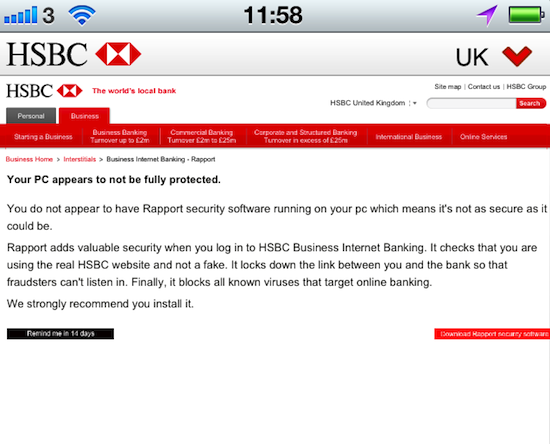 HSBC Banking app mistake, credit screengrab of app