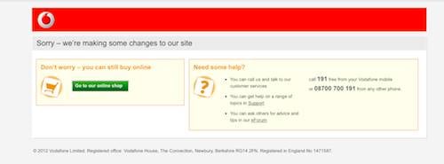 Vodafone site down, screengrab