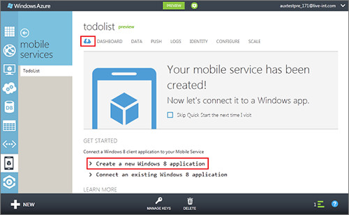 Screenshot of Windows Azure Mobile Services dashboard