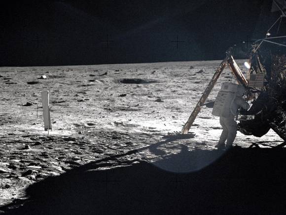 One of the few photos showing Neil Armstrong during the Apollo 11 moonwalk