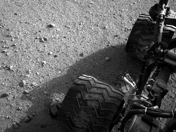 Soil clinging to Curiosity's wheels