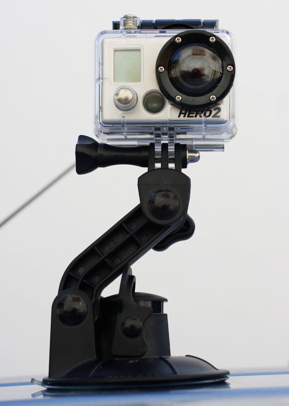 The HERO2 with its suction cup mount atop the van