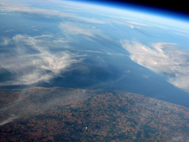 The view from Dave Akerman's payload at 34.8km, showing Mark's balloon expanded to an estimated diameter of 10 metres