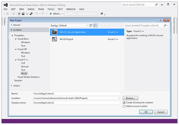 Screenshot of Visual Studio 2012 Express for Windows Desktop
