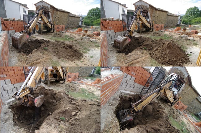 Four photos showing Ramon beginning to dig the hole for the well