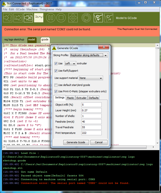 Greplicator software showing model parameter