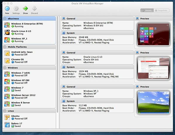 The improved management screen for VirtualBox 4.2