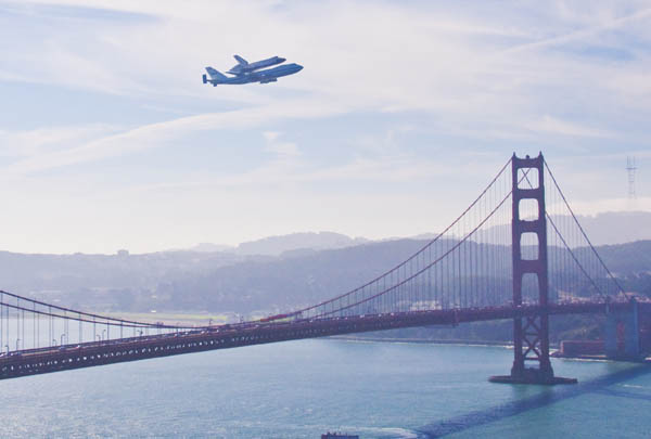 Space Shuttle Endeavour buzzes the Golden Gate Bridge