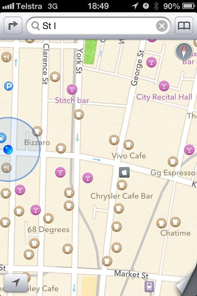 A map from iOS 6 showing the Sydney Apple store on the wrong side of the street