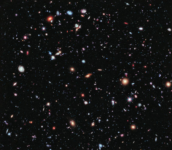 The Hubble Extreme Deep Field (XDF): an image of a small area of space created using Hubble Space Telescope data from combined Space Telescope exposures taken over a decade