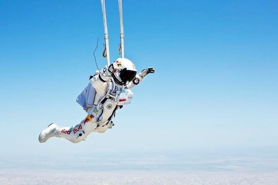 Felix Baumgartner's parachute deploys during a test jump in Taft, CA in preparation for the 2nd manned test flight. June 21, 2012