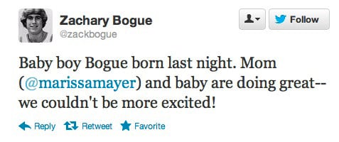 Marissa Mayer's husband tweets of the arrival of the couple's new baby boy