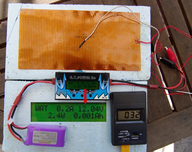 The heater test rig, with battery, watt meter, temperature sensor, heater and insulation